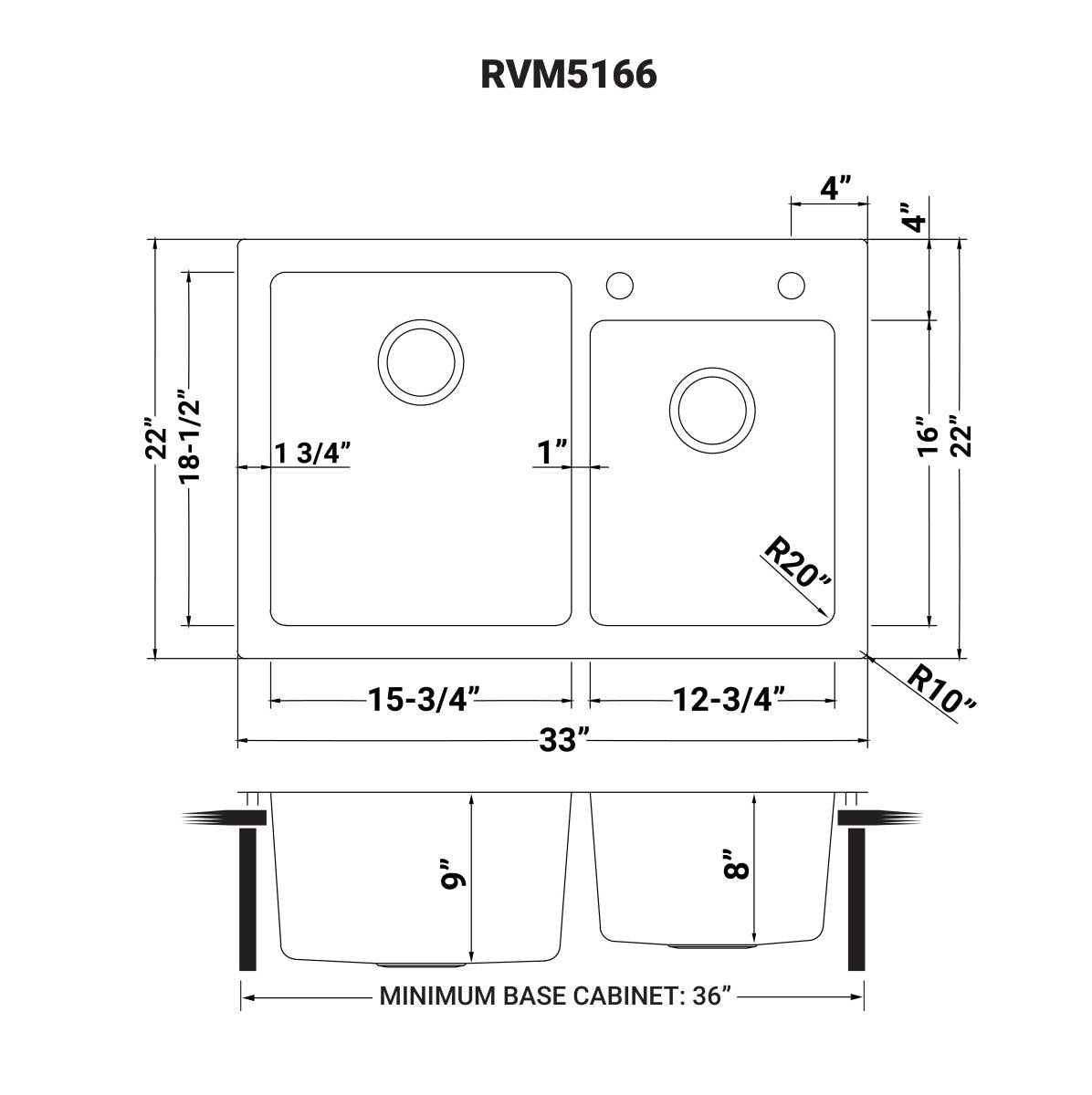 33 x 22 inch Drop-in Topmount Kitchen Sink 16 Gauge Stainless Steel Double Bowl