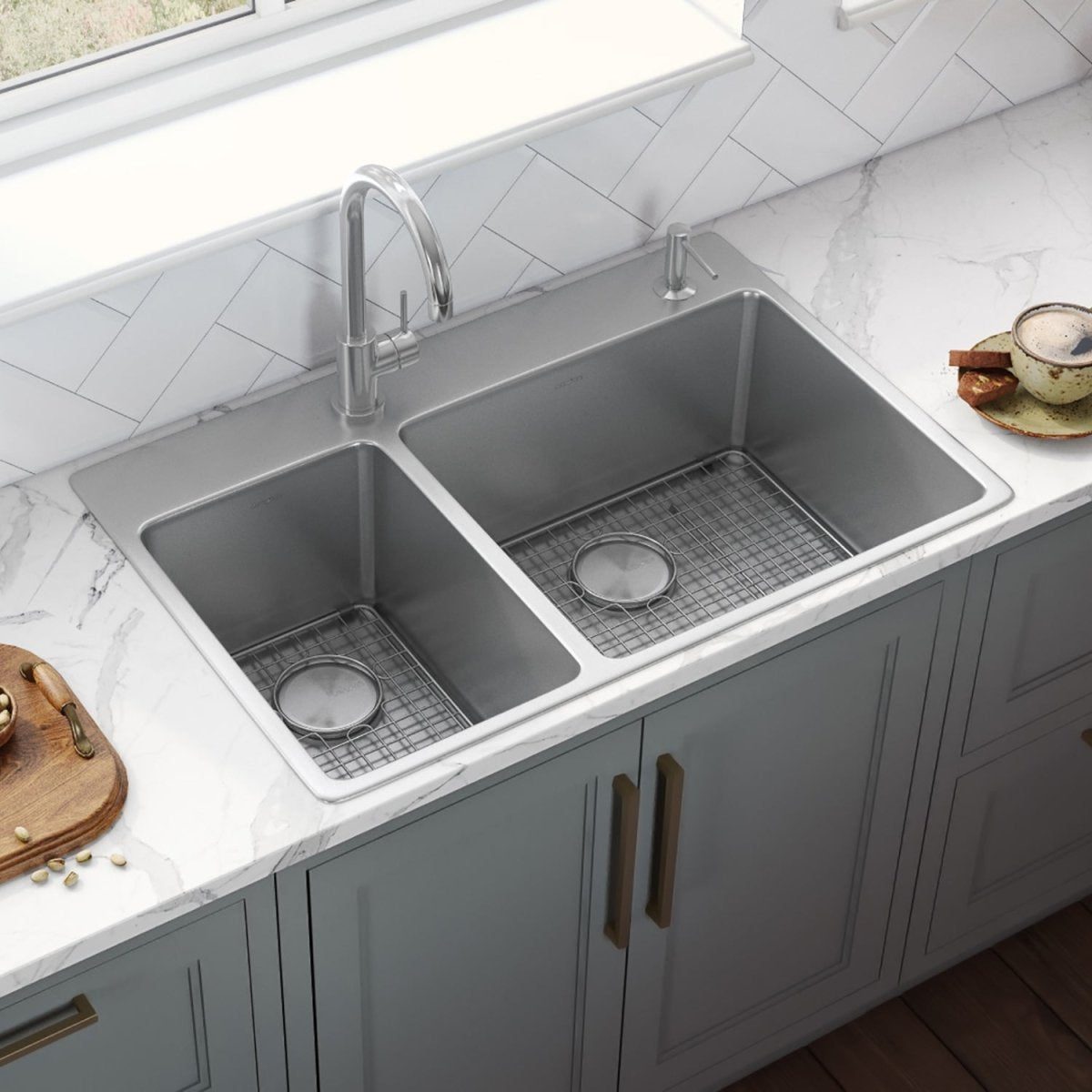 33 x 22 inch Drop-in Topmount Kitchen Sink 16 Gauge Stainless Steel Double Bowl