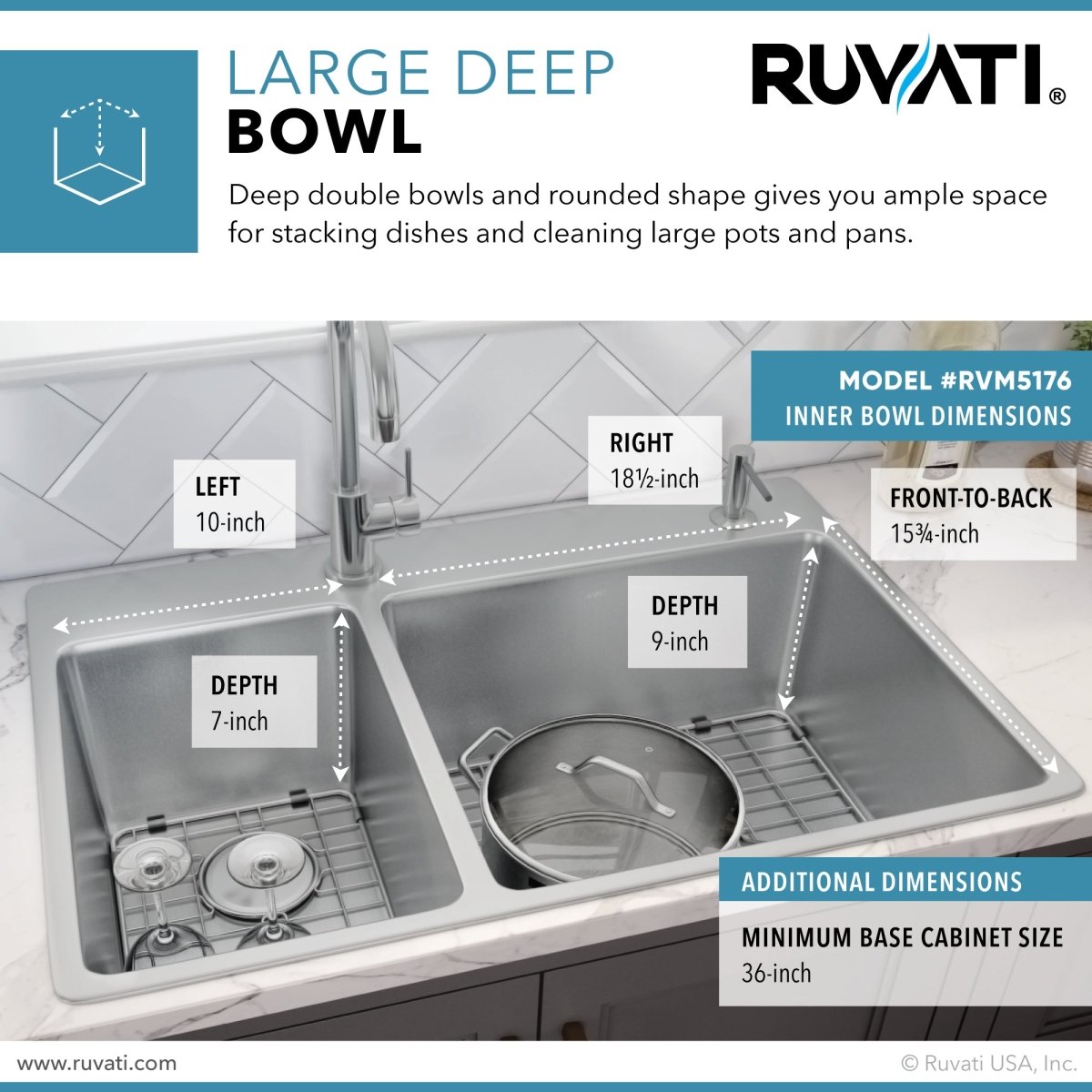 33 x 22 inch Drop-in Topmount Kitchen Sink 16 Gauge Stainless Steel Double Bowl