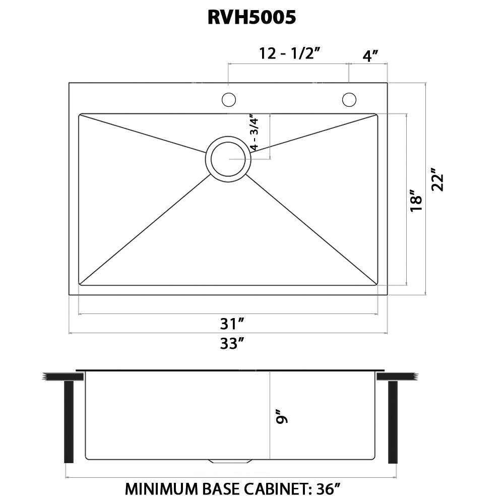 33 x 22 inch Stainless Steel Drop-in Topmount Kitchen Sink 16 Gauge Single Bowl