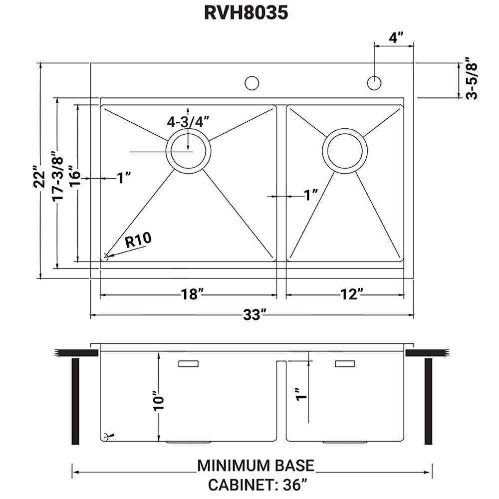 33 x 22 inch Workstation Drop-in 60/40 Double Bowl Topmount Tight Radius 16 Gauge Stain