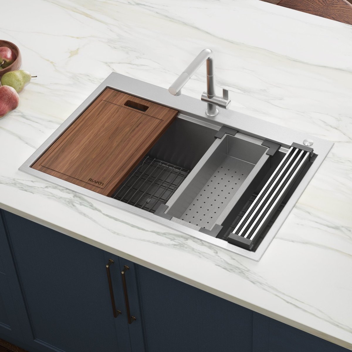 33 x 22 inch Workstation Ledge Drop-in Tight Radius 16 Gauge Stainless Steel Kitchen Sink Single Bowl