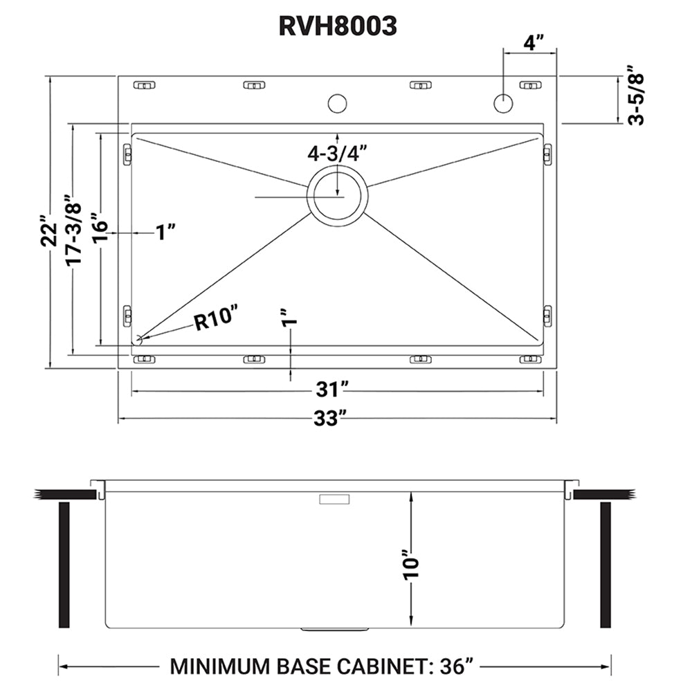 33 x 22 inch Workstation Ledge Drop-in Tight Radius 16 Gauge Stainless Steel Kitchen Sink Single Bowl