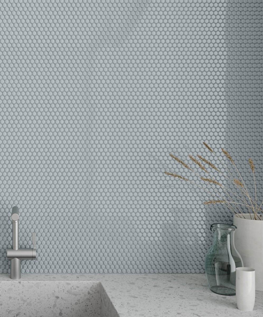 3/4 In Penny Round Soho Cloud Blue Glossy Glazed Porcelain Mosaic