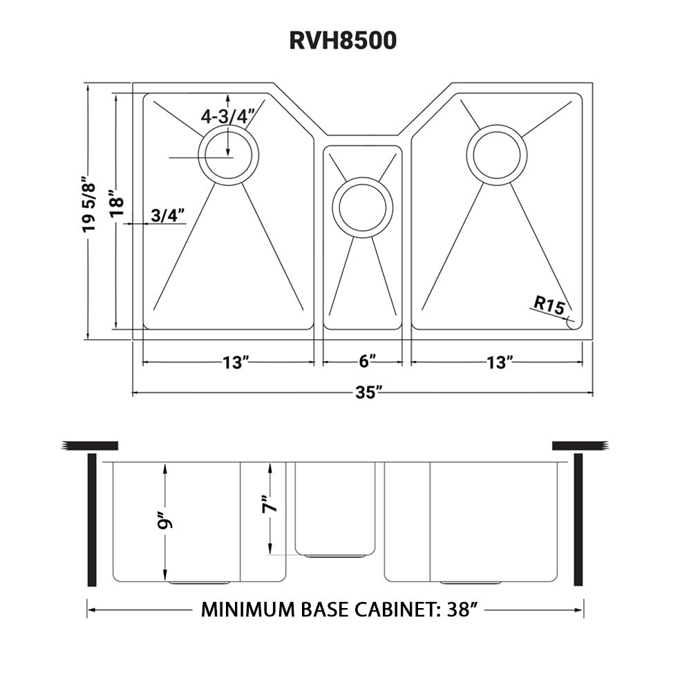 35" Triple Bowl Undermount 16 Gauge Stainless Steel Kitchen Sink - RVH8500