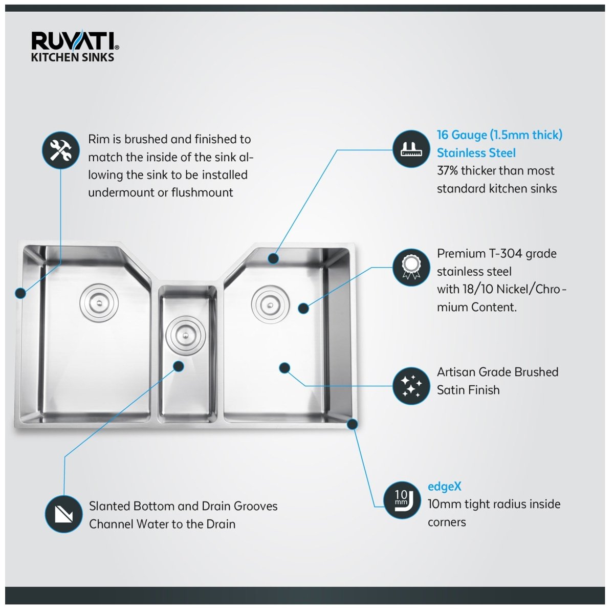 35" Triple Bowl Undermount 16 Gauge Stainless Steel Kitchen Sink - RVH8500