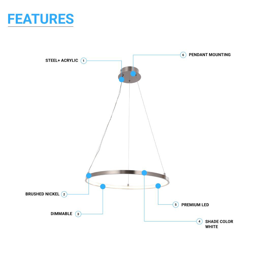 35W LED Round Pendant Light, 3000K (Warm White), 2000 Lumens, Brushed Nickel Finish and White Acrylic Shade, ETL Listed