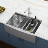 36" Apron-front Workstation Low-Divide Double Bowl 50/50 Farmhouse Kitchen Sink 16 Gauge