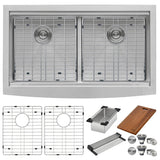 36" Apron-front Workstation Low-Divide Double Bowl 50/50 Farmhouse Kitchen Sink 16 Gauge
