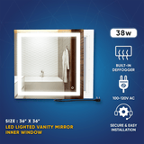 36 in. X 36 in. LED Lighted Bathroom Vanity Mirror, Anti Fog, CRI 90+, Adjustable Color Temperature & Remembrance, Makeup Mirror, Touch Button, Inner Window Style