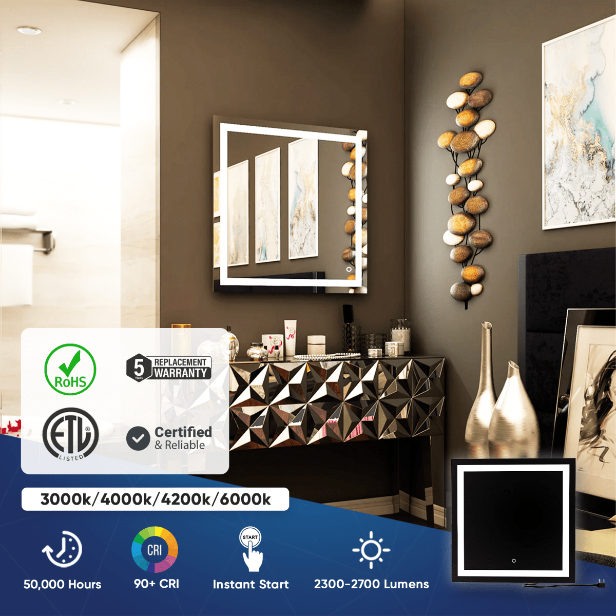 36 in. X 36 in. LED Lighted Bathroom Vanity Mirror, Anti Fog, CRI 90+, Adjustable Color Temperature & Remembrance, Makeup Mirror, Touch Button, Inner Window Style