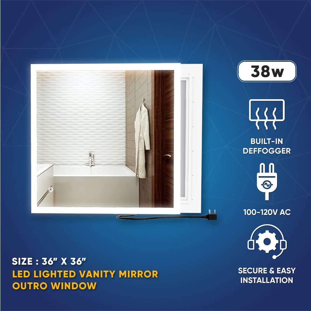 36 in. x 36 in. LED Lighted Bathroom Vanity Mirror, Anti-Fog, Touch Button, Adjustable Color Temperature & Remembrance, Wall Mounted Makeup Mirror, CRI 90+, Window Style