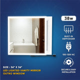 36 in. x 36 in. LED Lighted Bathroom Vanity Mirror, Anti-Fog, Touch Button, Adjustable Color Temperature & Remembrance, Wall Mounted Makeup Mirror, CRI 90+, Window Style