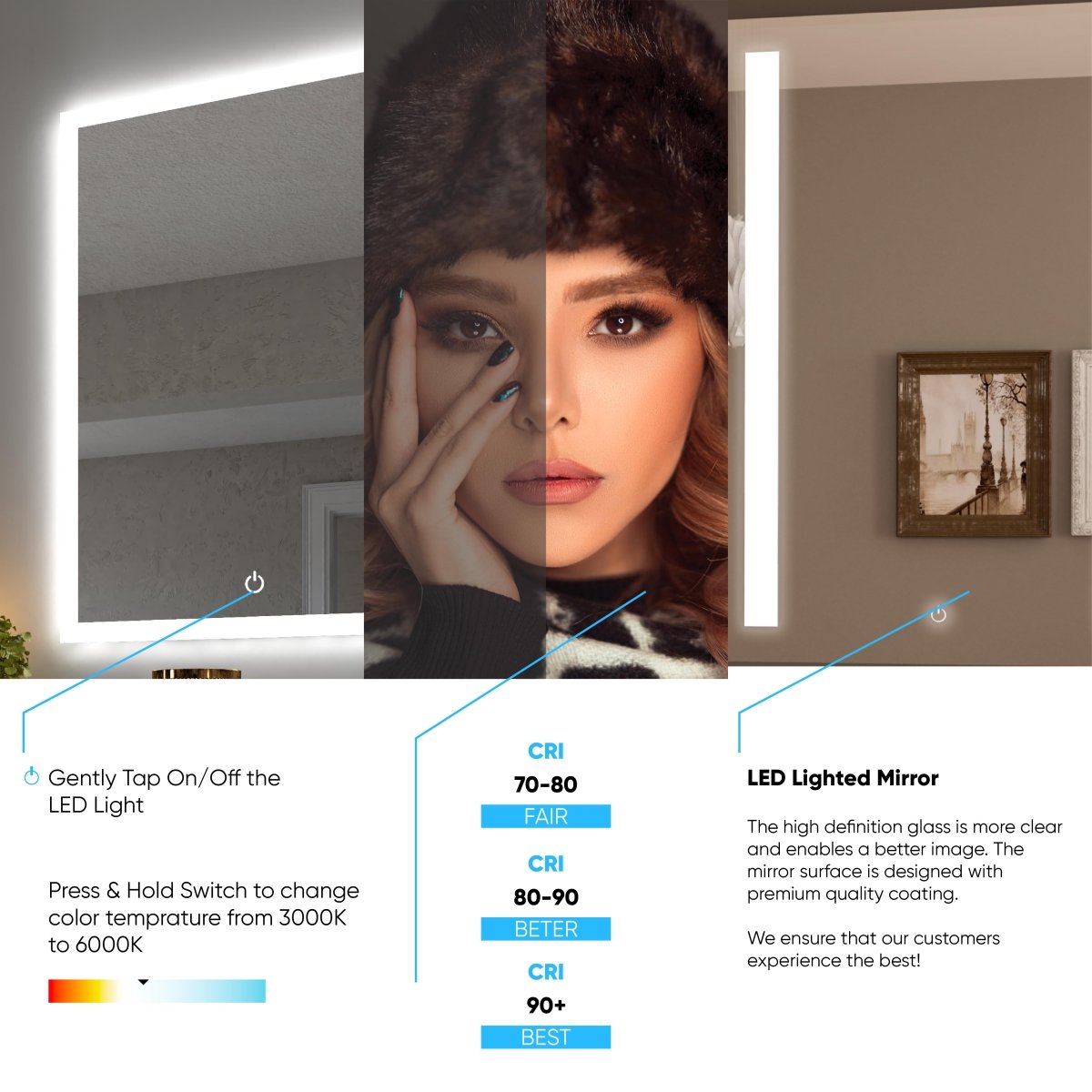 36 in. x 48 in. LED Lighted Bathroom Vanity Mirror, Anti-Fog, CRI 90+, Adjustable Color Temperature & Remembrance, Lighted Makeup Mirrors, Neu-U Style