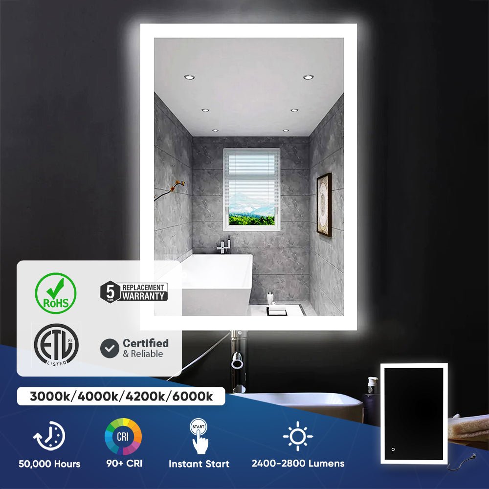 36 in. x 48 in. LED Lighted Bathroom Vanity Mirror, Touch Switch, Anti-Fog, Adjustable Color Temperature With Remembrance, CRI 90+, Wall Mounted, Lighted Makeup Mirrors, Window Style
