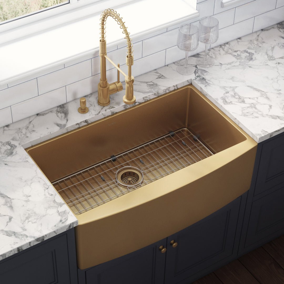 36-inch Apron-Front Farmhouse Kitchen Sink - Brass Tone Matte Gold Stainless Steel Single Bowl