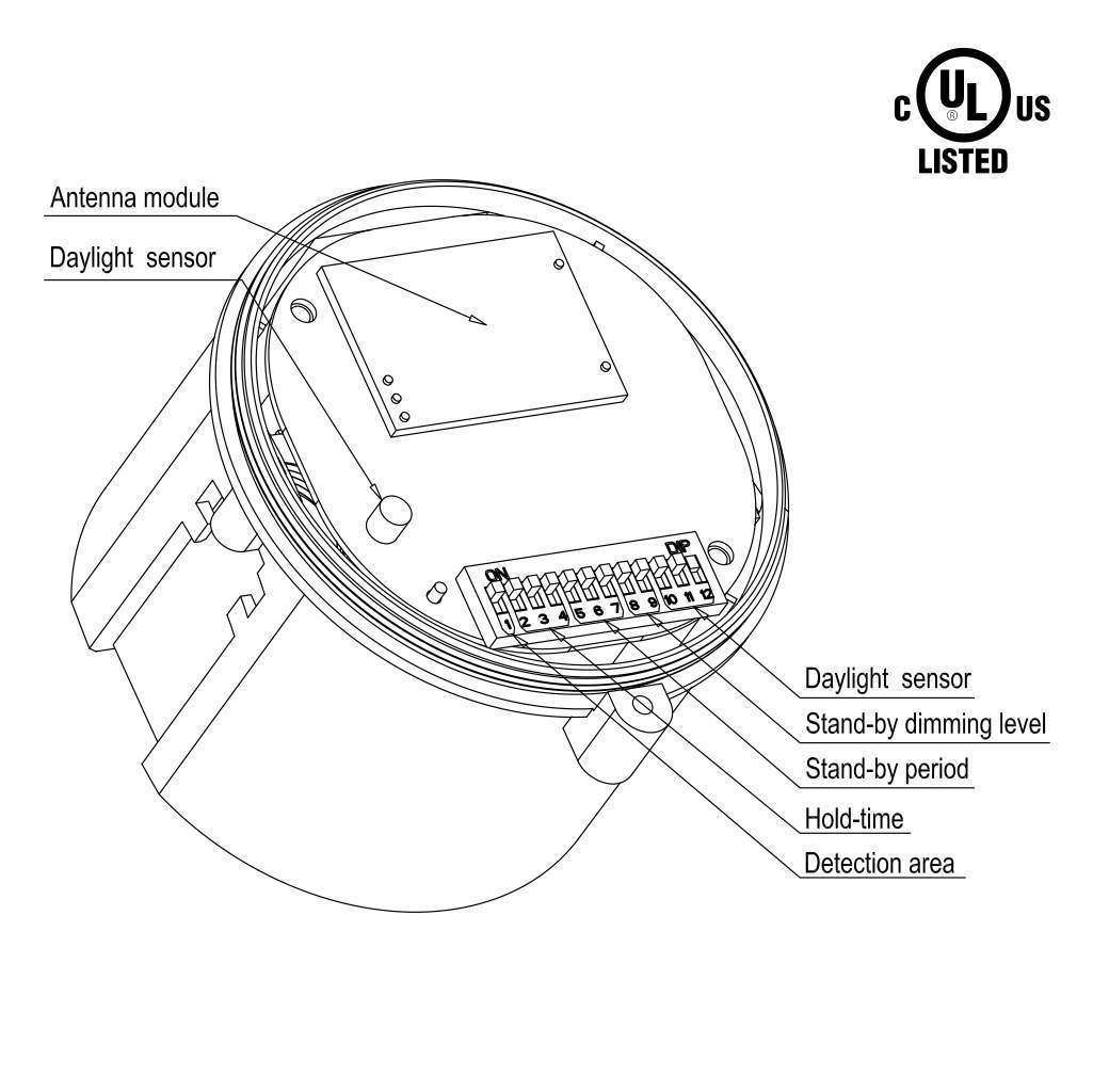 360° 3 Step Dimming Motion & Daylight Sensor for Linear High bay - 49ft max height - Frosted
