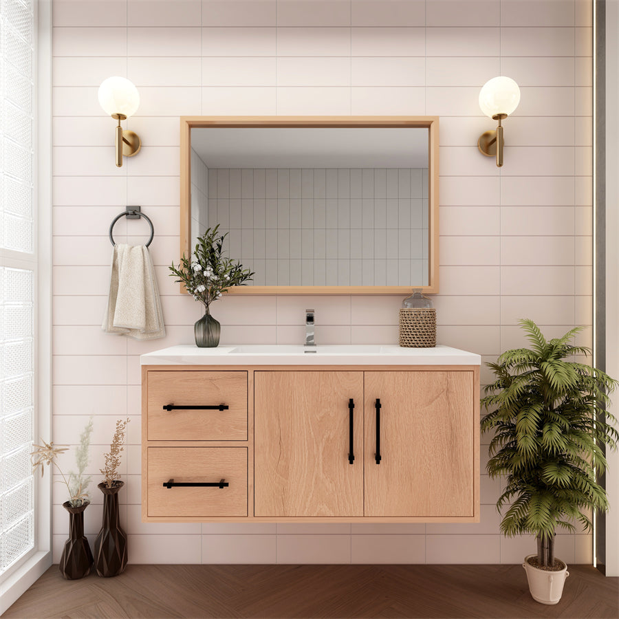 Victoria 42 In. Floating Single Sink Bathroom Vanity with Acrylic Sink Top & Left Side Drawers & Doors