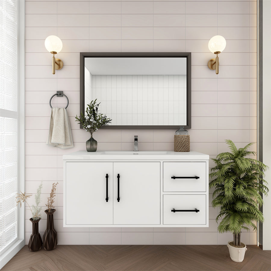 Victoria 42 In. Floating Single Sink Bathroom Vanity with Acrylic Sink Top & Right Side Drawers & Doors