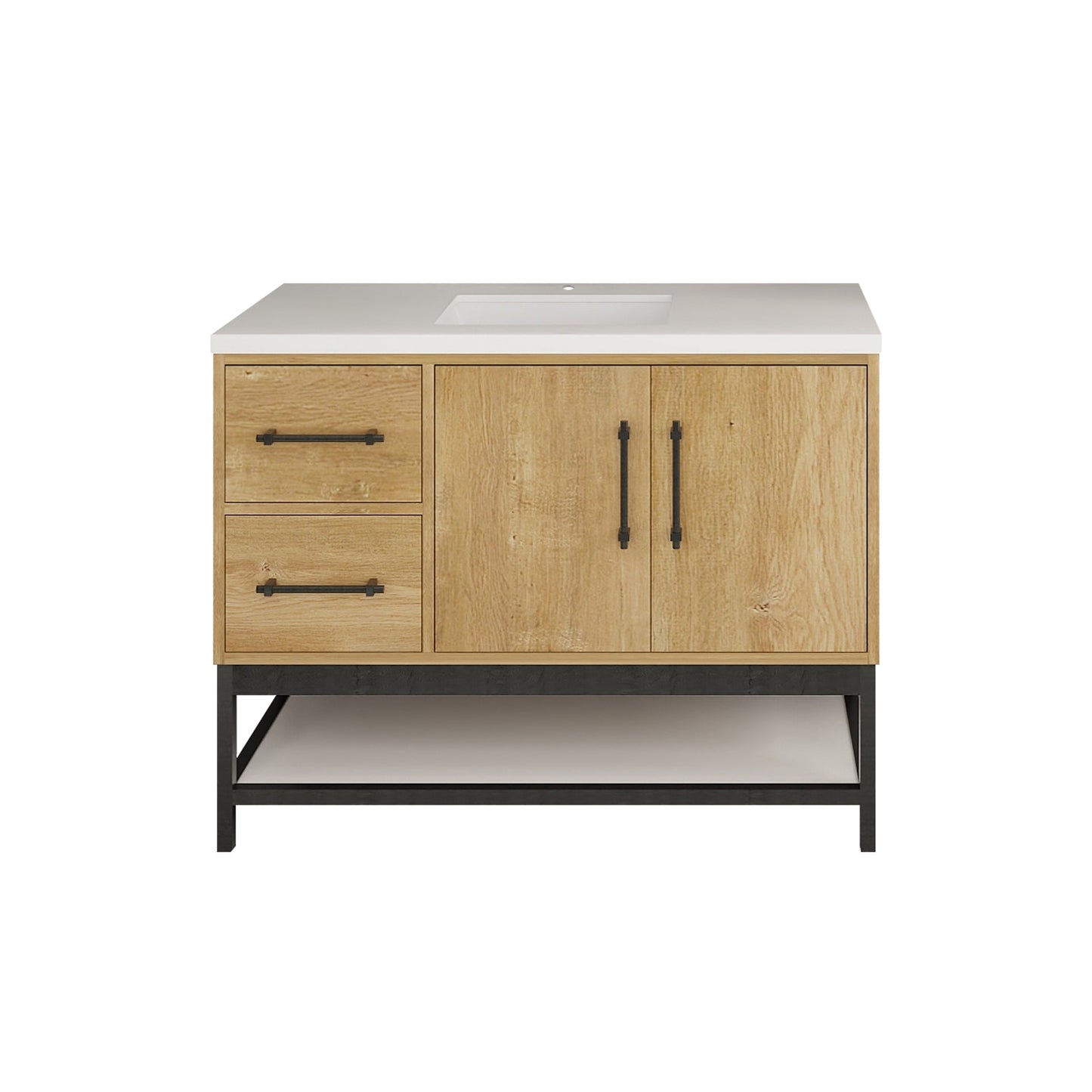 Victoria 42 In. Freestanding Single Sink Bathroom Vanity with Acrylic Sink Top, Open Shelf Storage & Left Side Drawers & Doors