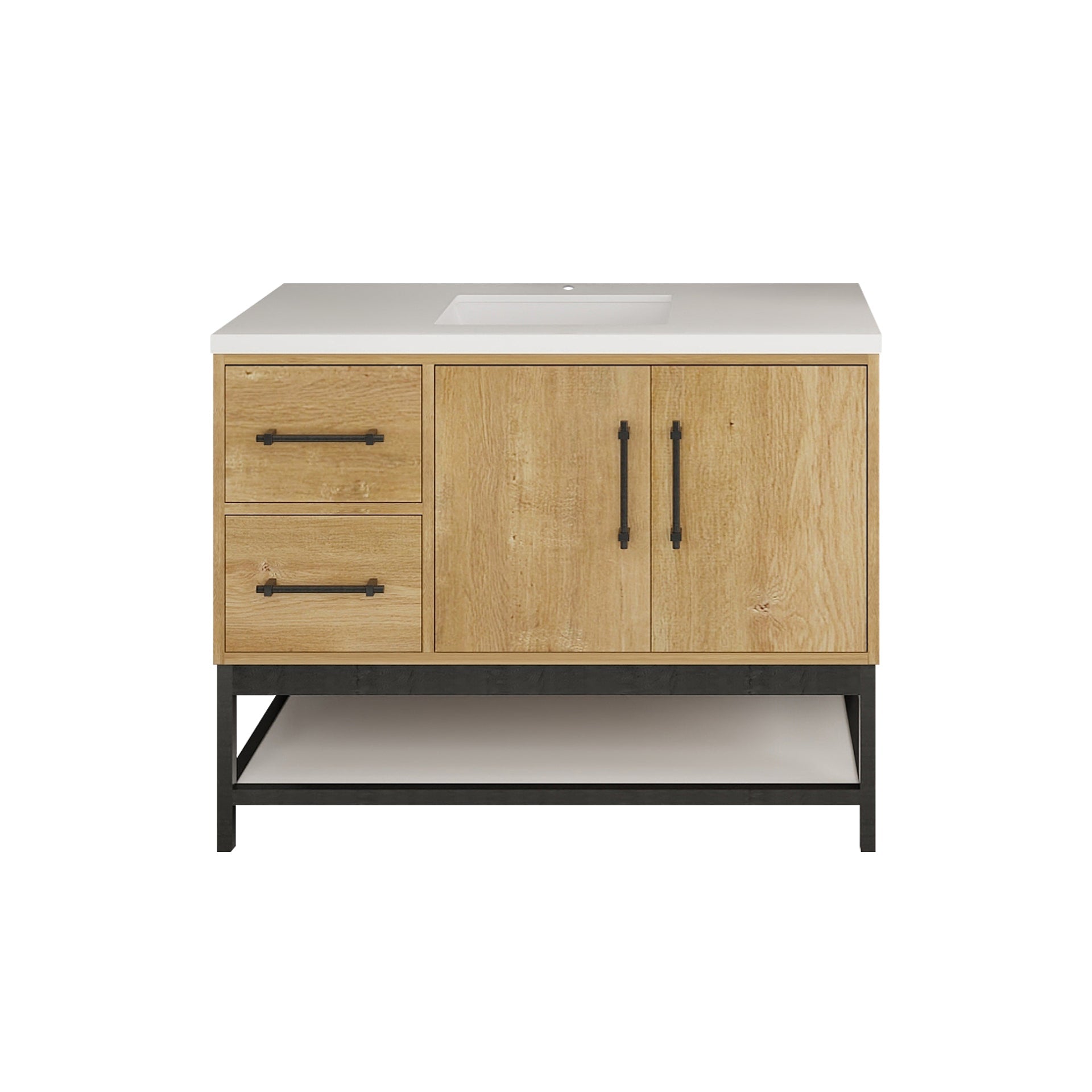 Victoria 42 In. Freestanding Single Sink Bathroom Vanity with Acrylic Sink Top, Open Shelf Storage & Left Side Drawers & Doors