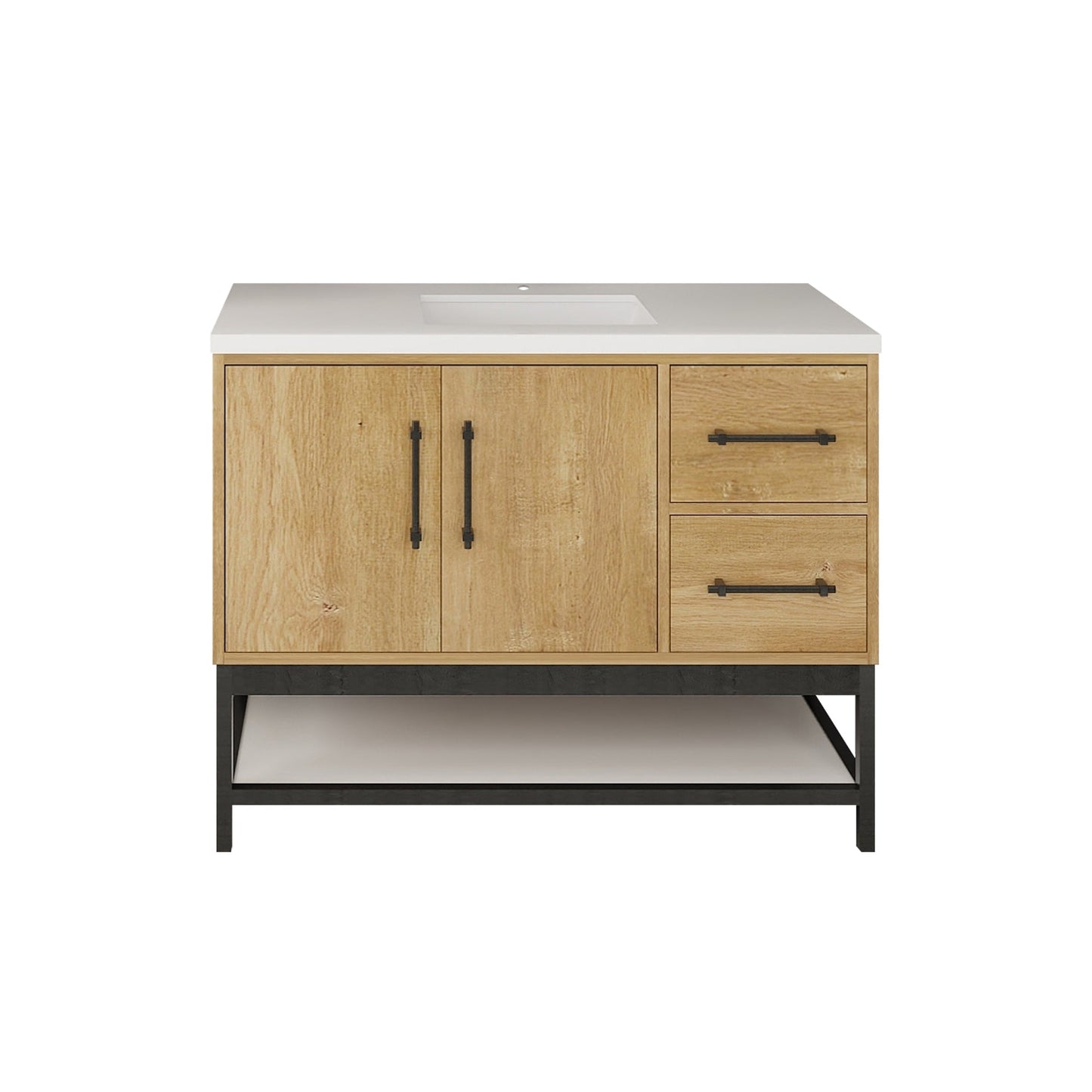 Victoria 42 In. Freestanding Single Sink Bathroom Vanity with Acrylic Sink Top, Open Shelf Storage & Right Side Drawers & Doors