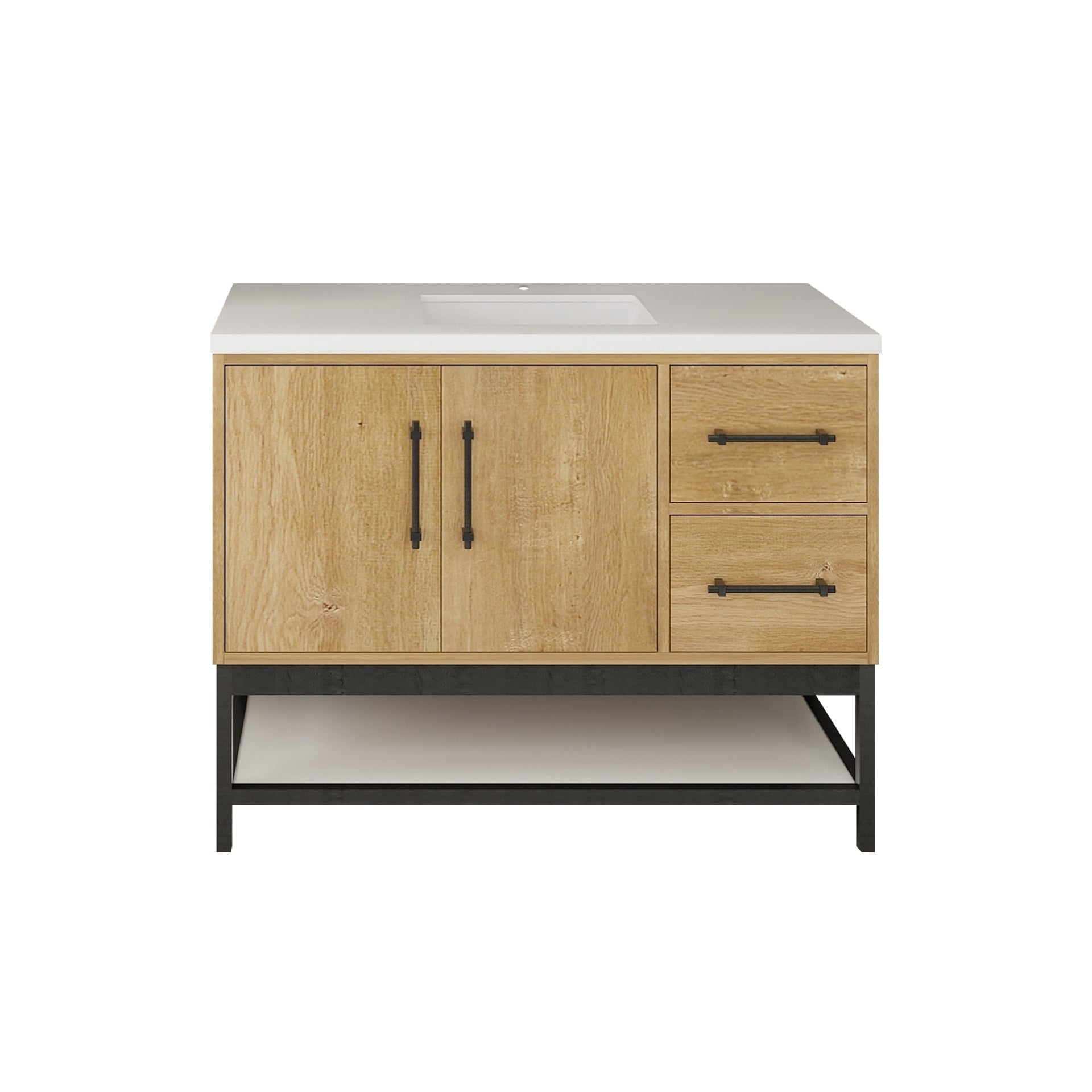 Victoria 42 In. Freestanding Single Sink Bathroom Vanity with Acrylic Sink Top, Open Shelf Storage & Right Side Drawers & Doors