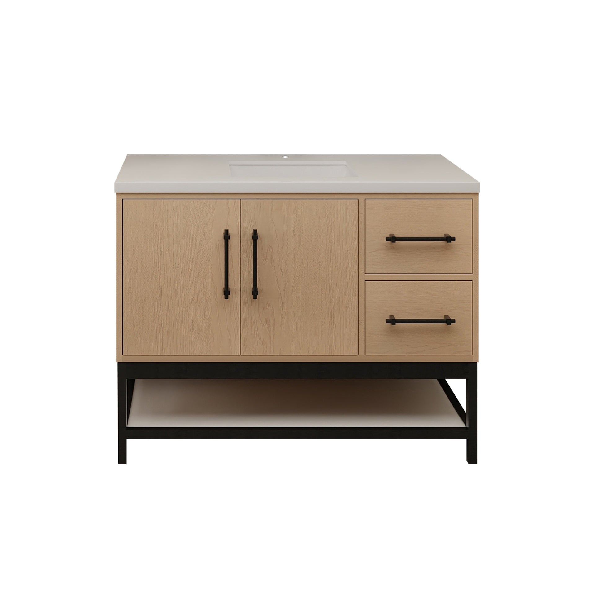 Victoria 42 In. Freestanding Single Sink Bathroom Vanity with Acrylic Sink Top, Open Shelf Storage & Right Side Drawers & Doors