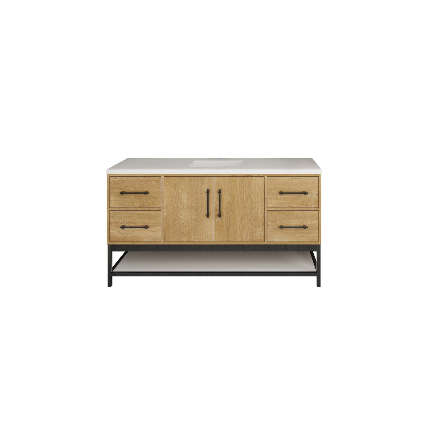 Victoria 60 In. Freestanding Single Sink Bathroom Vanity with Acrylic Sink Top, Open Shelf Storage & Soft Closing Doors & Drawers
