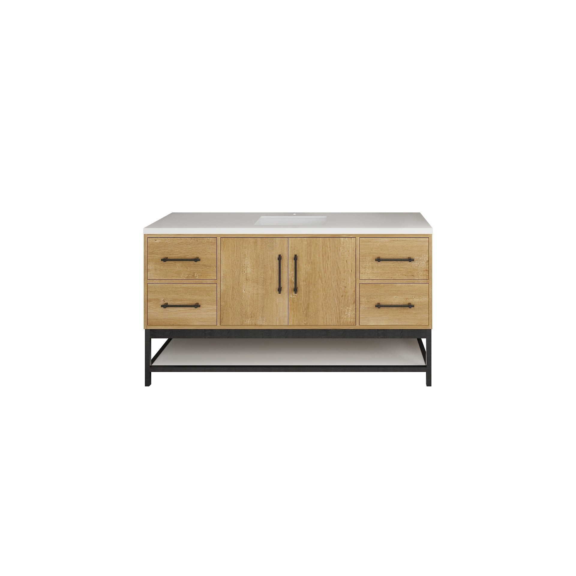 Victoria 60 In. Freestanding Single Sink Bathroom Vanity with Acrylic Sink Top, Open Shelf Storage & Soft Closing Doors & Drawers