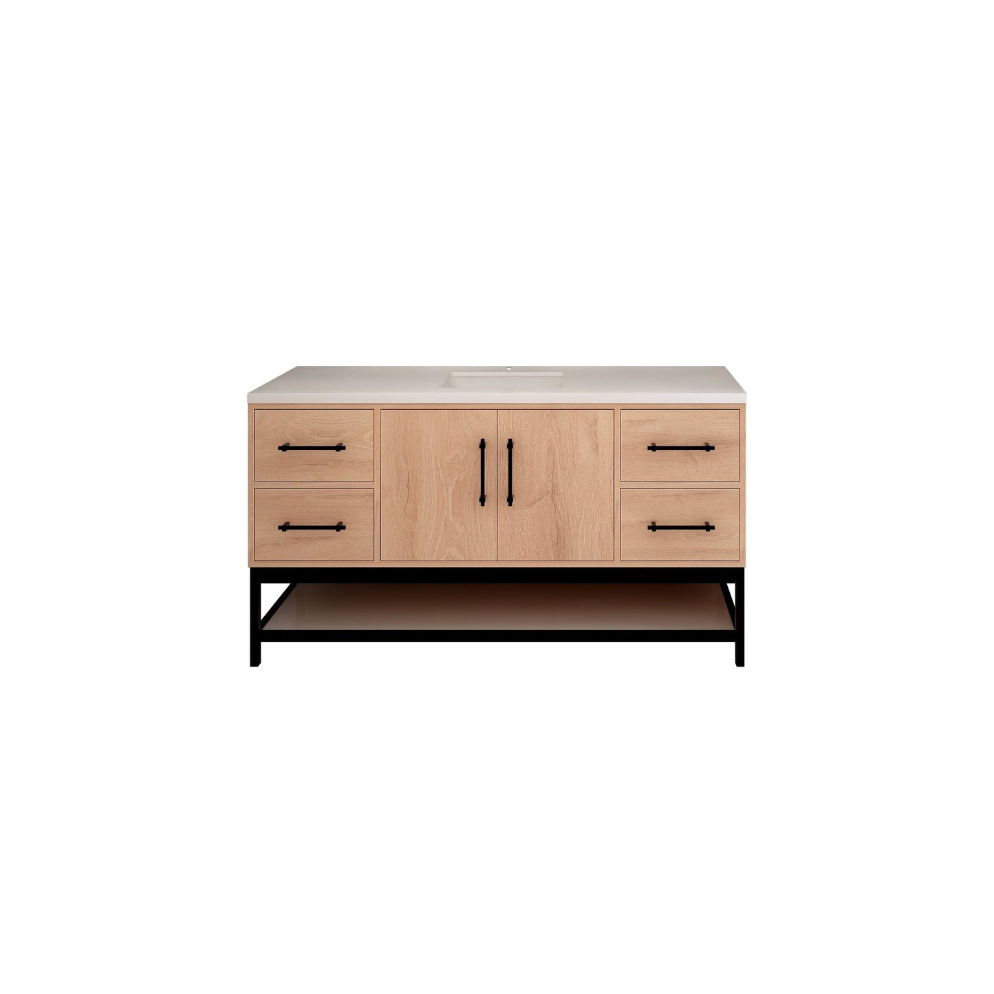 Victoria 60 In. Freestanding Single Sink Bathroom Vanity with Acrylic Sink Top, Open Shelf Storage & Soft Closing Doors & Drawers