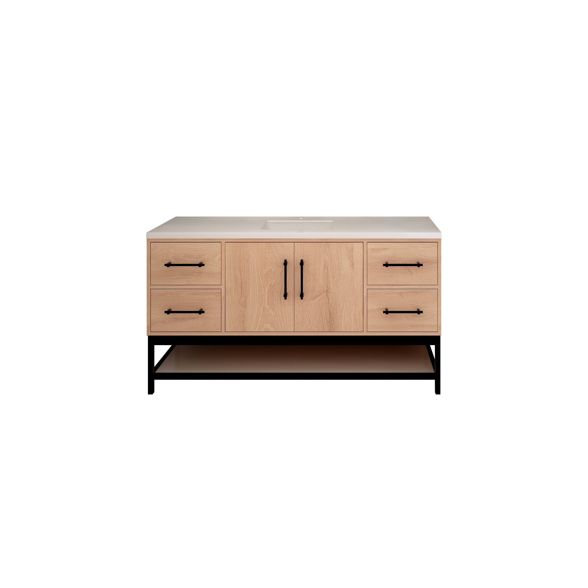 Victoria 60 In. Freestanding Single Sink Bathroom Vanity with Acrylic Sink Top, Open Shelf Storage & Soft Closing Doors & Drawers