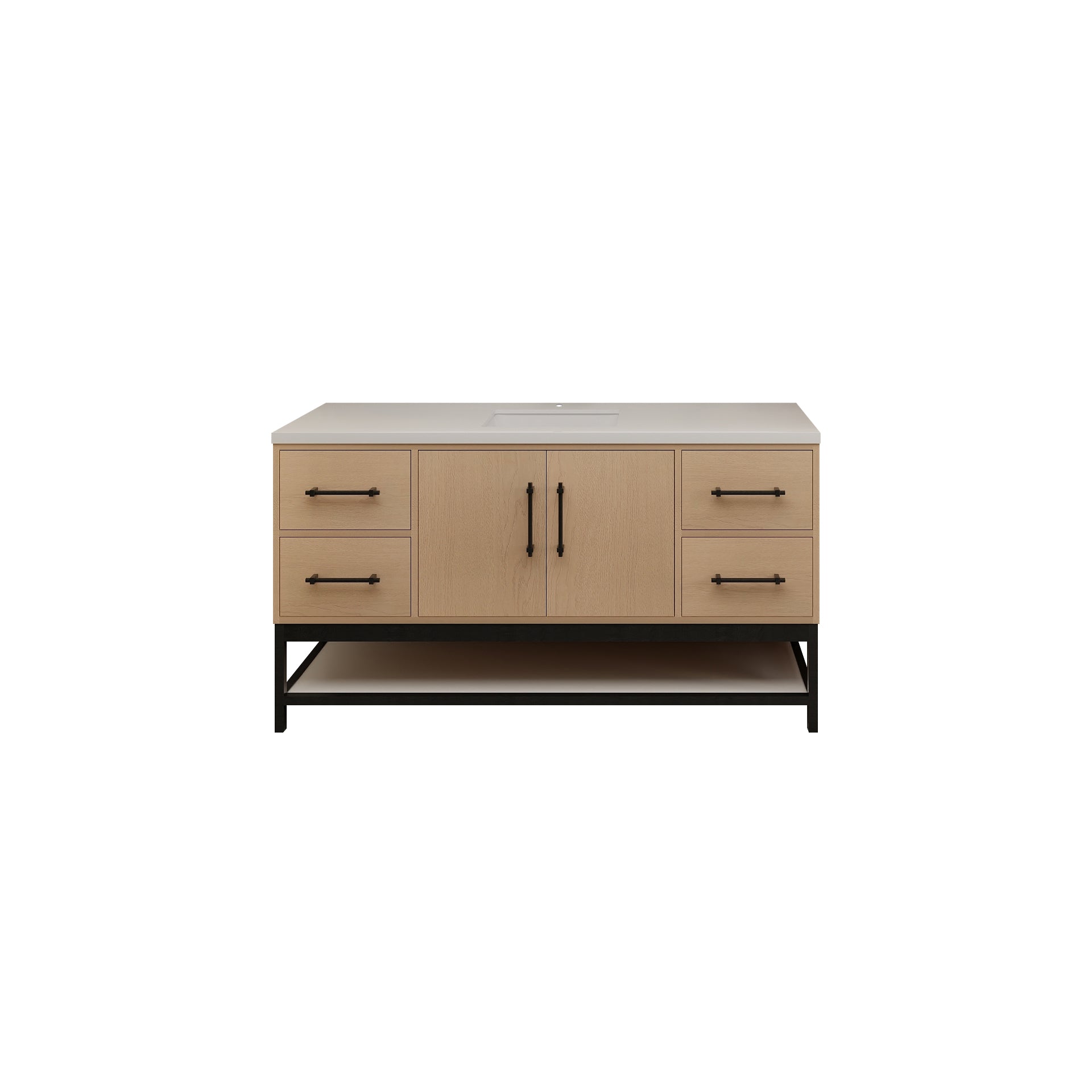 Victoria 60 In. Freestanding Single Sink Bathroom Vanity with Acrylic Sink Top, Open Shelf Storage & Soft Closing Doors & Drawers