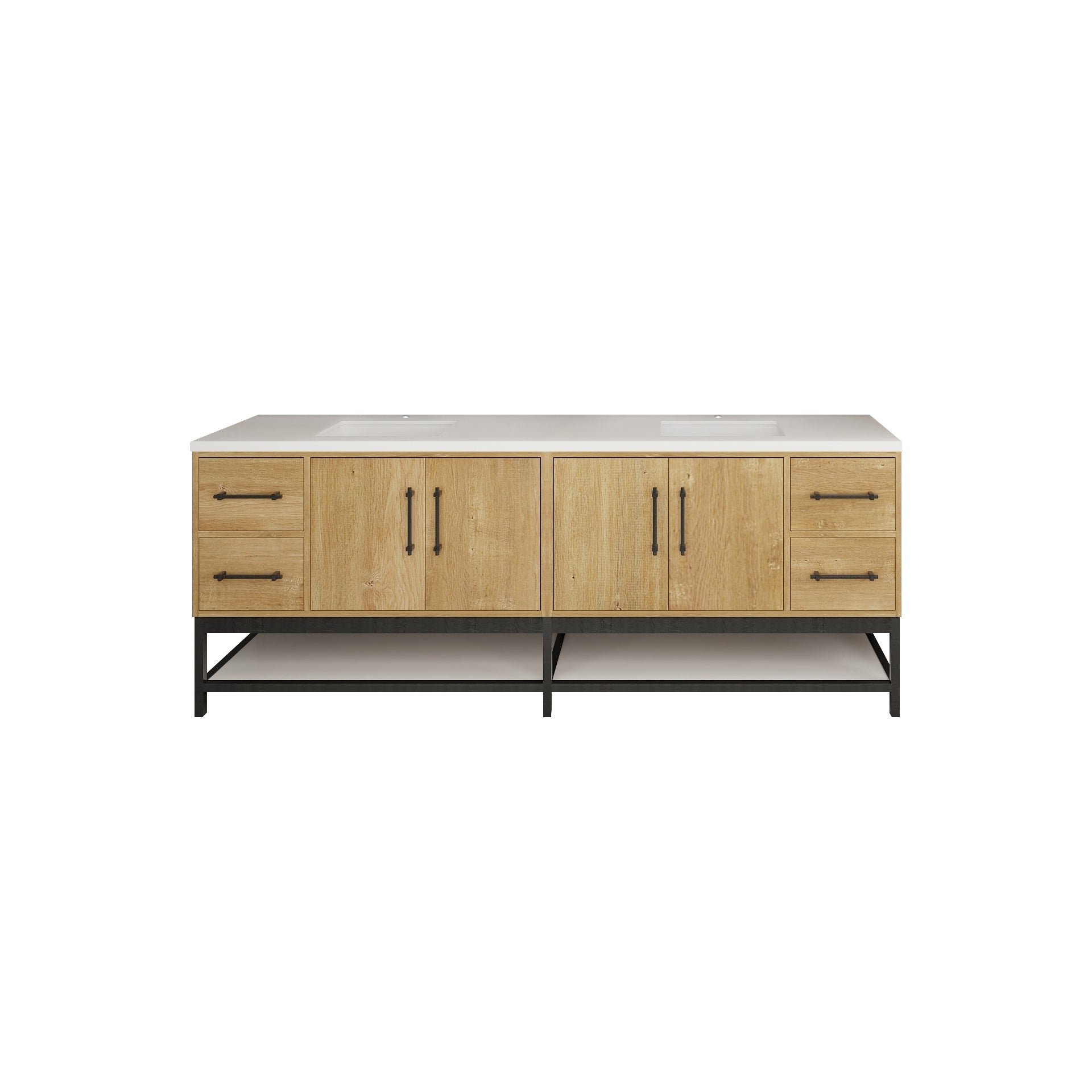 Victoria 84 In. Freestanding Double Sink Bathroom Vanity with Acrylic Sink Top, Open Shelf Storage & Soft Closing Doors & Drawers