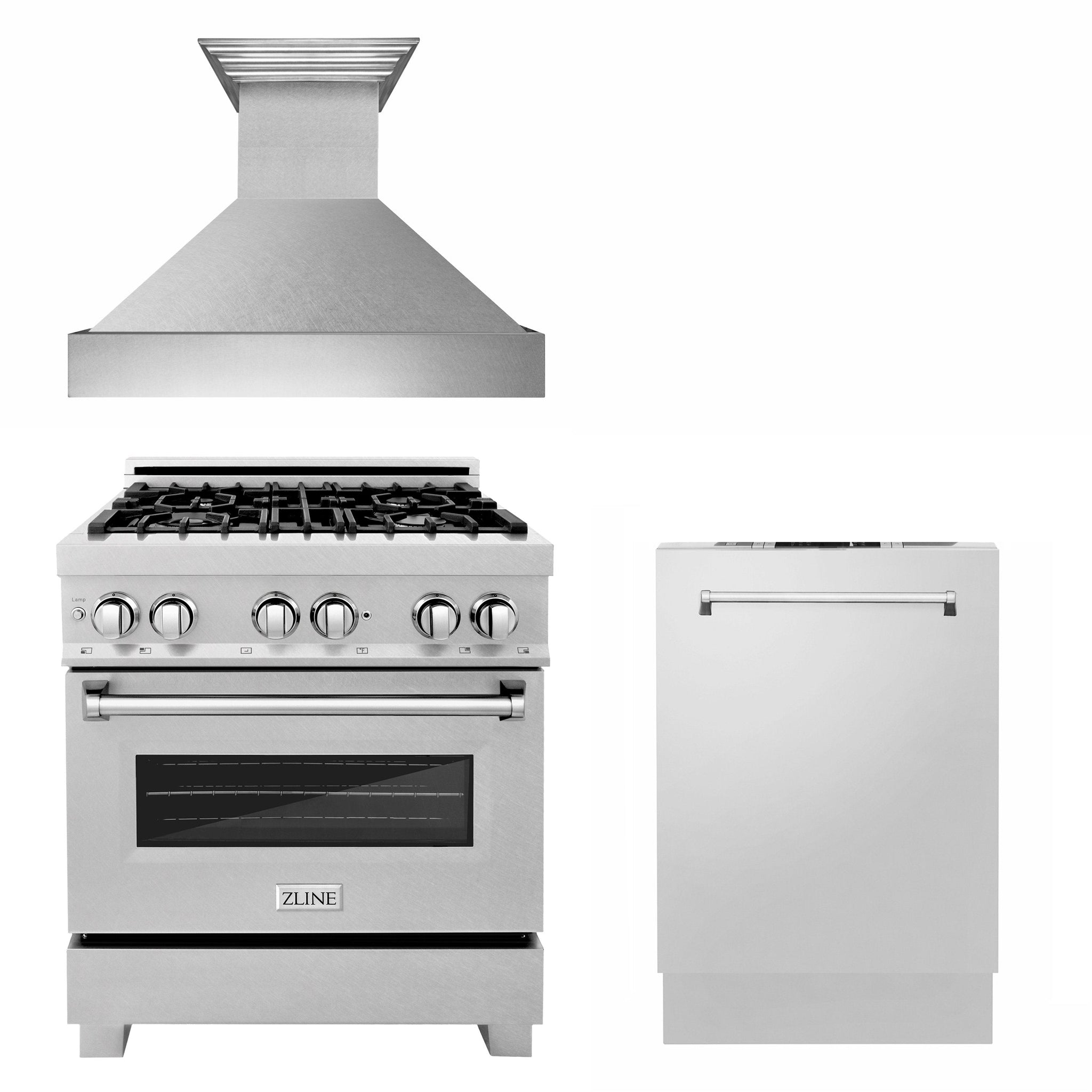 ZLINE 30 in. Kitchen Package with Satin Stainless Dual Fuel Range, Ducted Vent Range Hood and Tall Tub Dishwasher