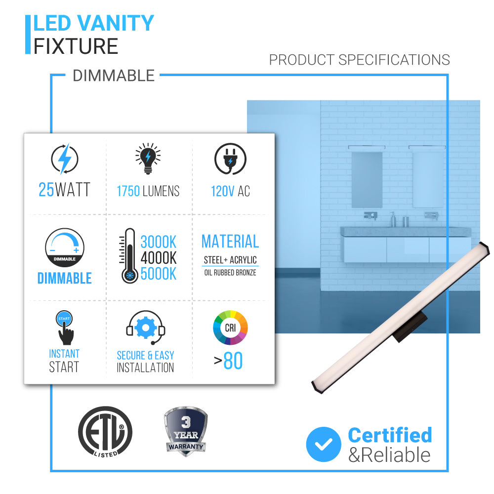 Bathroom Light Fixtures, Wall Mount, 24 inch/36 inch/48 inch, ETL Listed, Dimmable, Waterproof  Vanity Lighting, Rectangle Shape