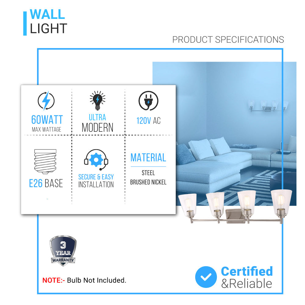 Flared Shape Bathroom Light Fixtures with Clear Glass Shade, E26 Base, UL Listed for Damp Location, Wall Mount, Bathroom Vanity Lighting