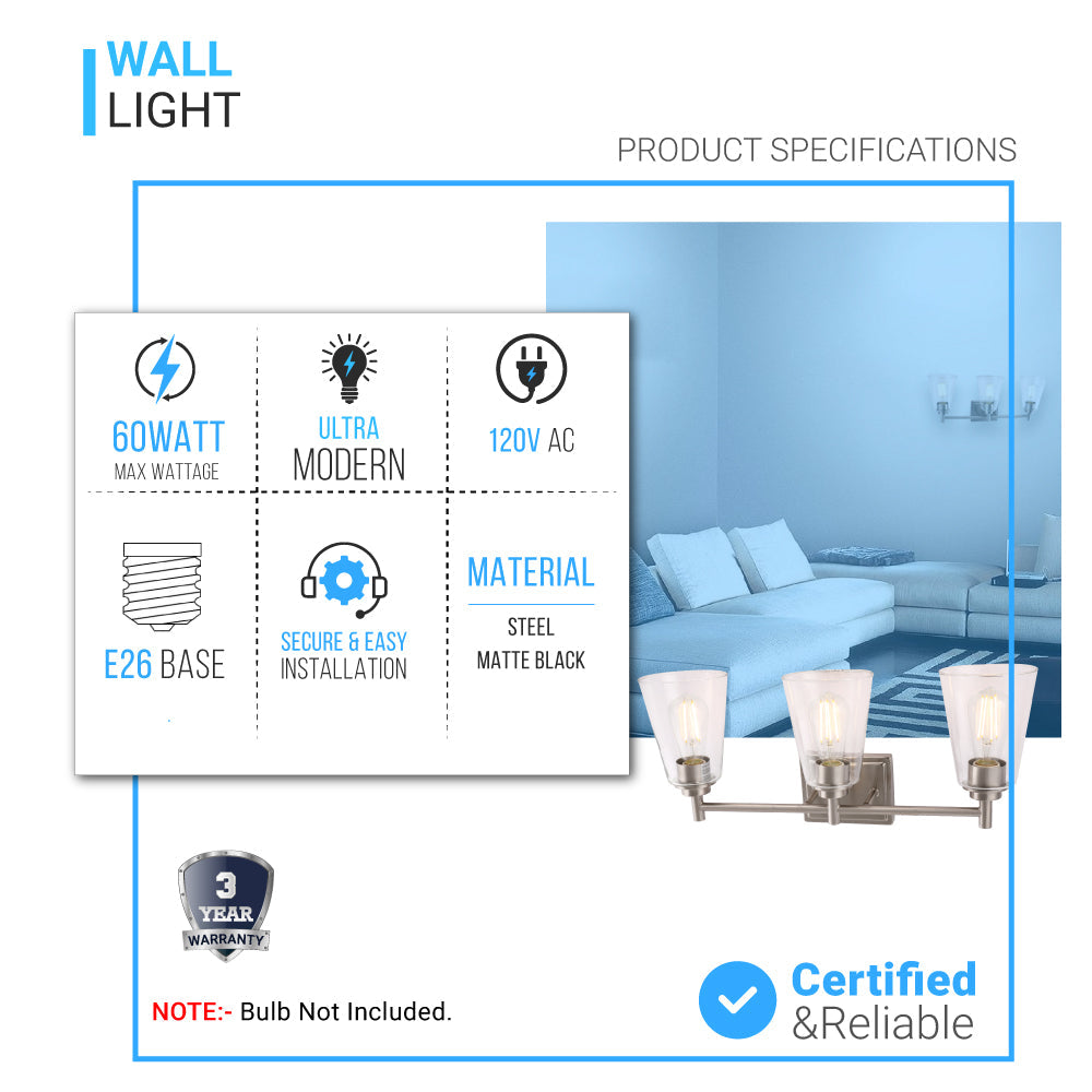 Flared Shape Bathroom Light Fixtures with Clear Glass Shade, E26 Base, UL Listed for Damp Location, Wall Mount, Bathroom Vanity Lighting