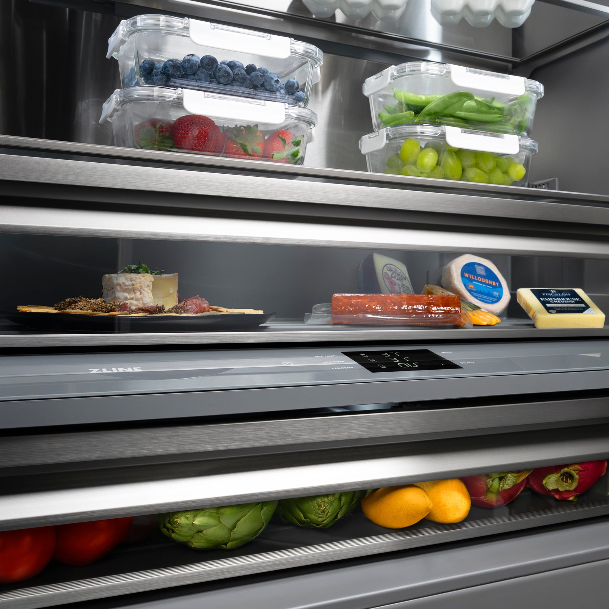ZLINE Autograph Edition 36 in. 19.6 cu. ft. French Door Built-In Bottom Freezer Refrigerator with Water Dispenser and Ice Maker in White Matte with Graphite Gray Interior and Polished Gold Accents (GRBIVZ-WM-36-G)