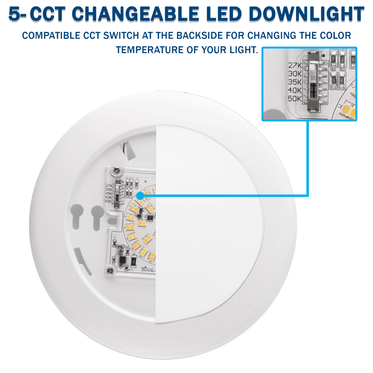 4" LED Disk Downlight, 10W, 5CCT Changeable: 2700K/3000K/3500K/4000K/5000K, 120V AC, Damp Rated