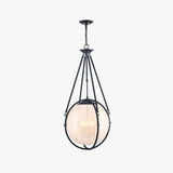 4-Light Chandelier Light Fixture Black Finish Hardware with Black Rope and Translucency whilte glass ,E12 Base - 18”D x 38“H