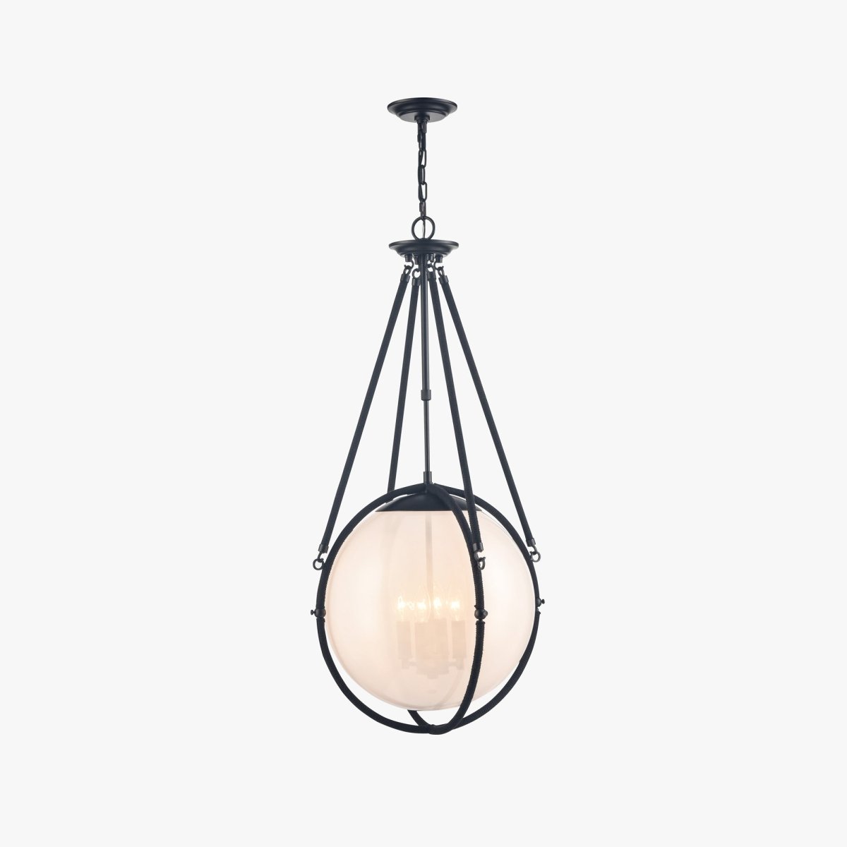 4-Light Chandelier Light Fixture Black Finish Hardware with Black Rope and Translucency whilte glass ,E12 Base - 18”D x 38“H