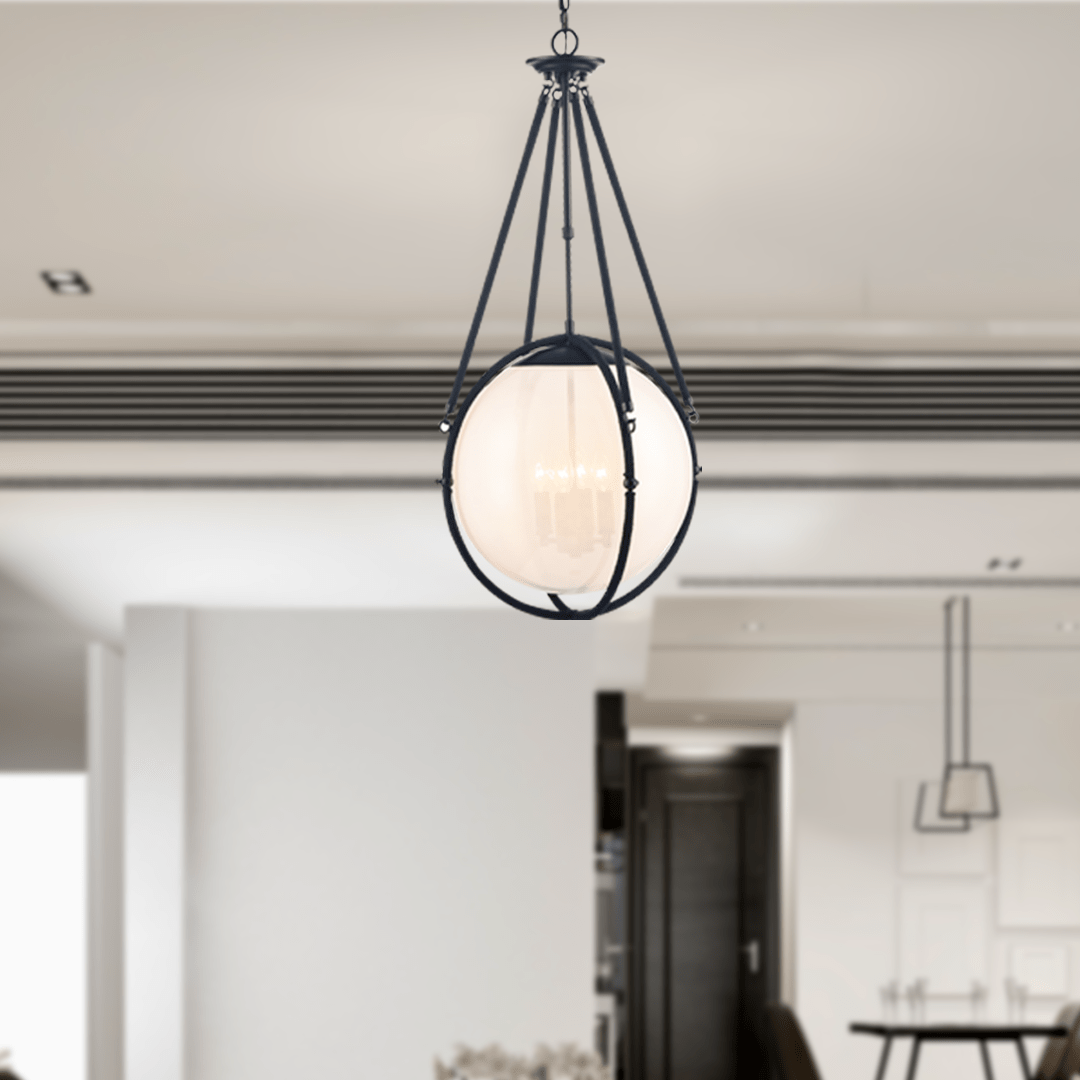 4-Light Chandelier Light Fixture Black Finish Hardware with Black Rope and Translucency whilte glass ,E12 Base - 18”D x 38“H