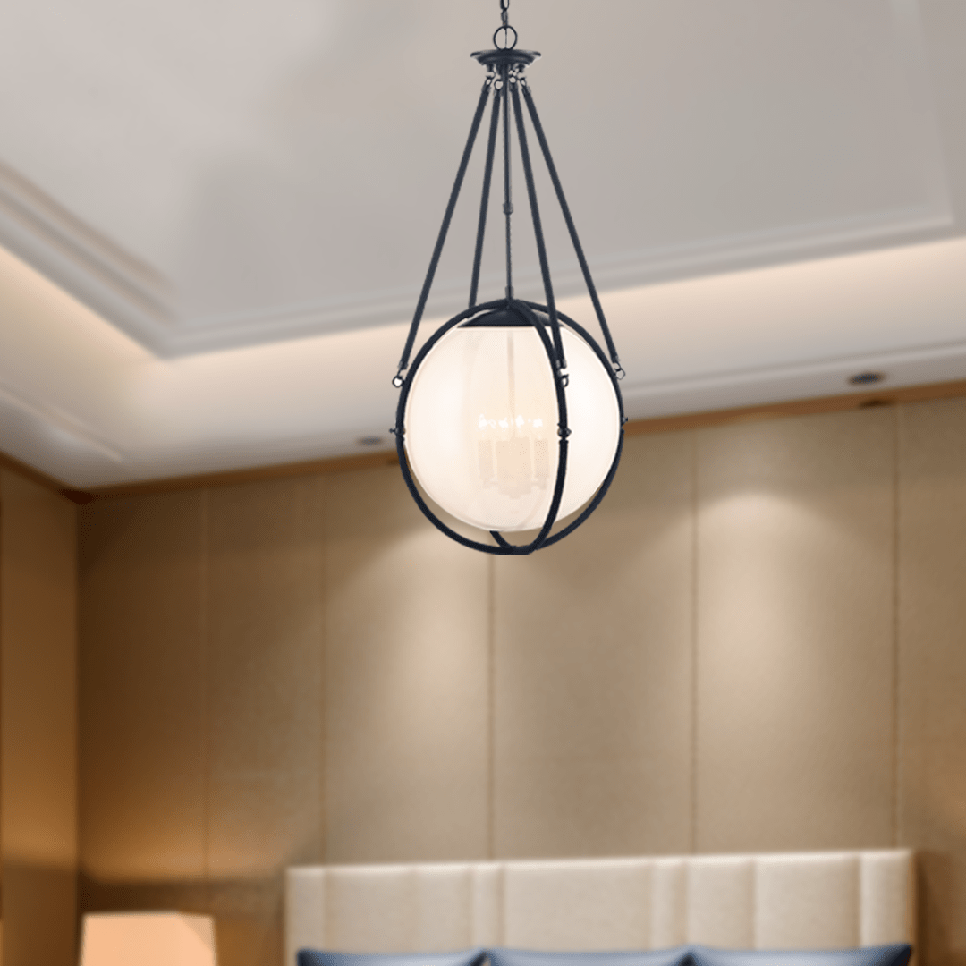 4-Light Chandelier Light Fixture Black Finish Hardware with Black Rope and Translucency whilte glass ,E12 Base - 18”D x 38“H