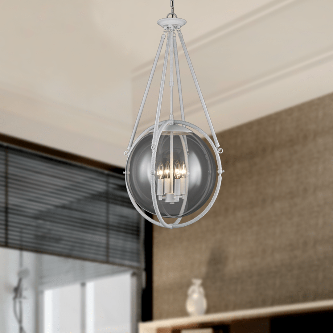 4-Light Chandelier Light Fixture Black Textured White Finish Hardware with White Rope and Clear Glass ,E12 Base - 18”D x 38“H