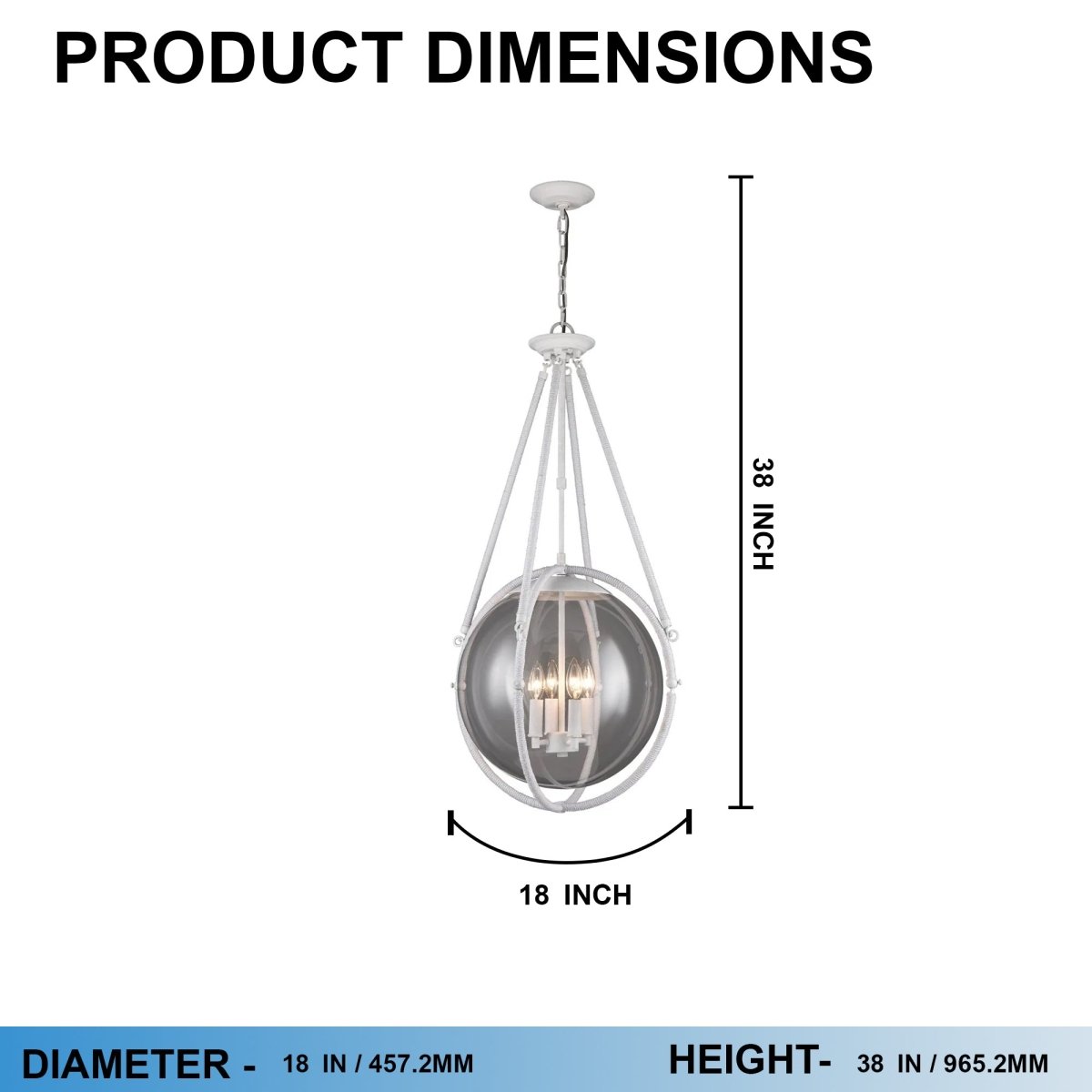 4-Light Chandelier Light Fixture Black Textured White Finish Hardware with White Rope and Clear Glass ,E12 Base - 18”D x 38“H