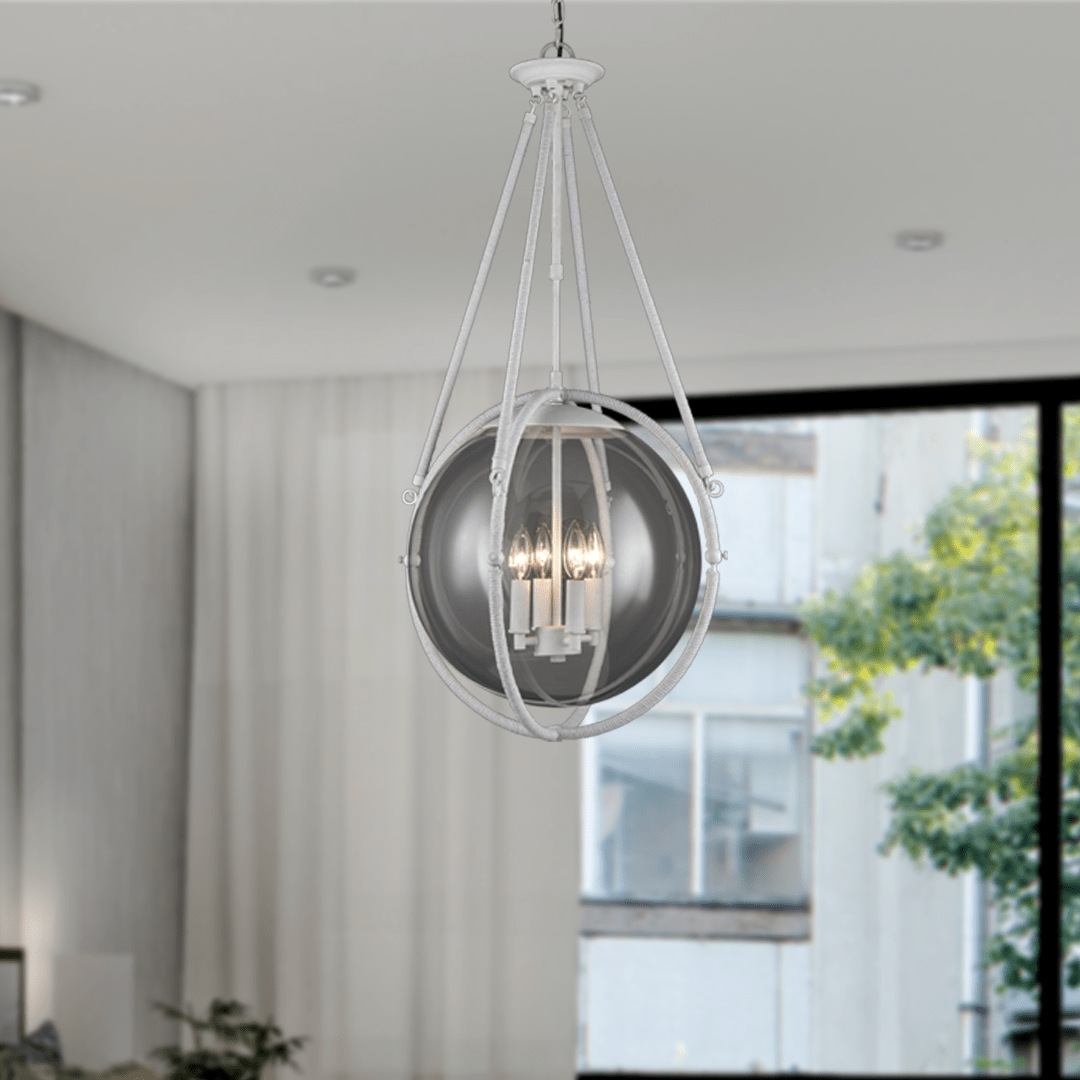 4-Light Chandelier Light Fixture Black Textured White Finish Hardware with White Rope and Clear Glass ,E12 Base - 18”D x 38“H