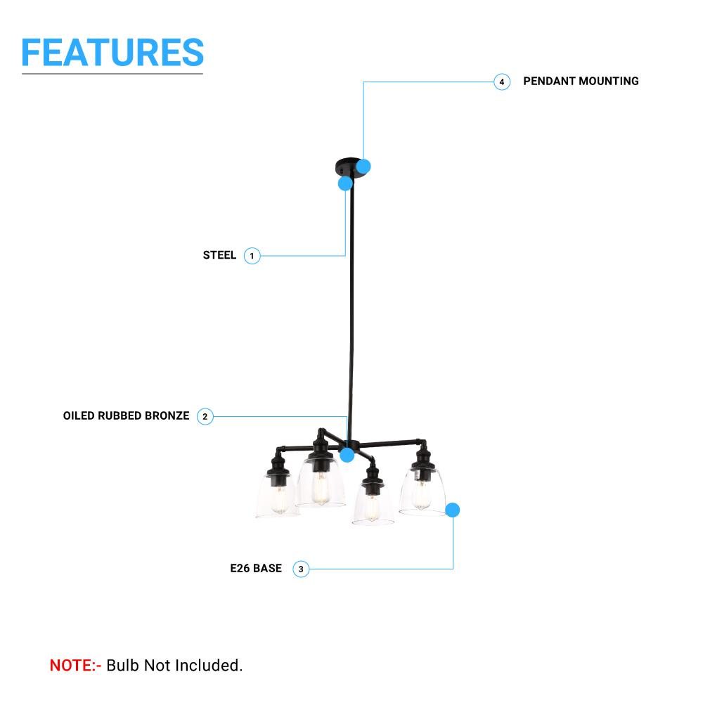4-Lights Chandelier Lighting Fixture, Clear Glass Chandelier for Kitchen, Coffee Bar, E26 Base