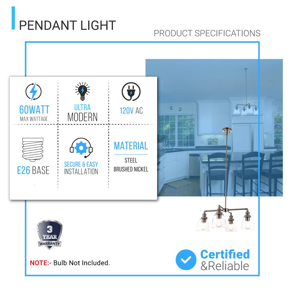 4-Lights Chandelier Lighting Fixture, Clear Glass Chandelier for Kitchen, Coffee Bar, E26 Base