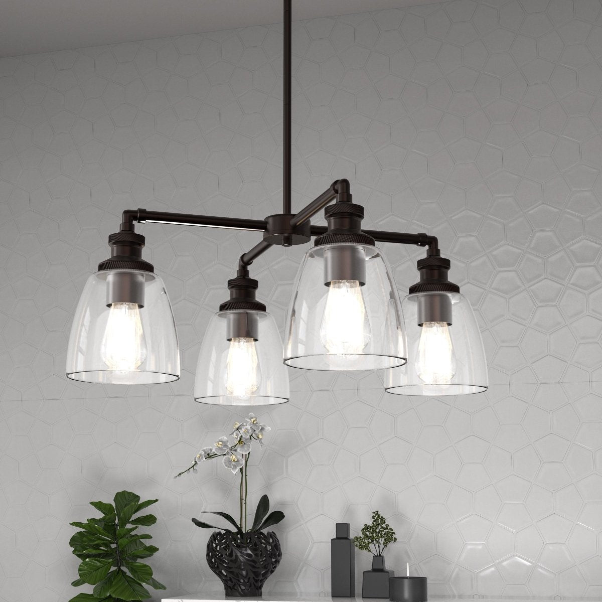 4-Lights Chandelier Lighting Fixture, Clear Glass Chandelier for Kitchen, Coffee Bar, E26 Base